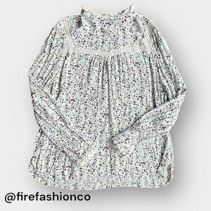 LOFT Floral Peasant Blouse White Blue Maroon Boho Hippie Boho Western  XL